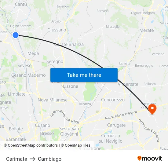 Carimate to Cambiago map