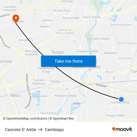 Casirate d'Adda to Cambiago map