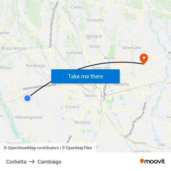 Corbetta to Cambiago map