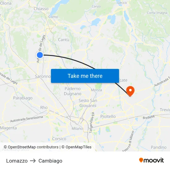 Lomazzo to Cambiago map