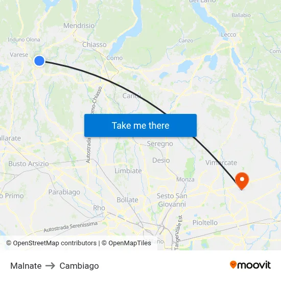 Malnate to Cambiago map