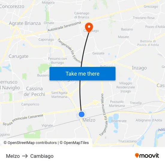 Melzo to Cambiago map