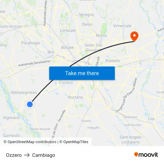 Ozzero to Cambiago map