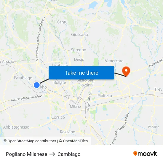 Pogliano Milanese to Cambiago map