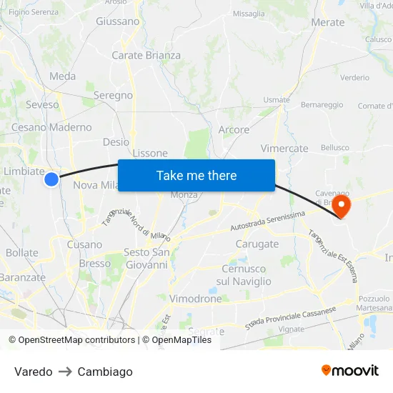 Varedo to Cambiago map