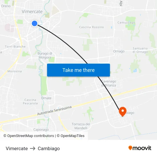 Vimercate to Cambiago map