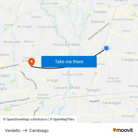Verdello to Cambiago map