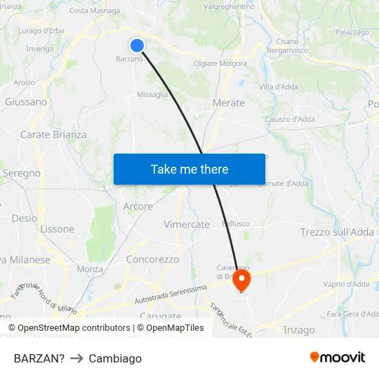 Barzan to Cambiago map