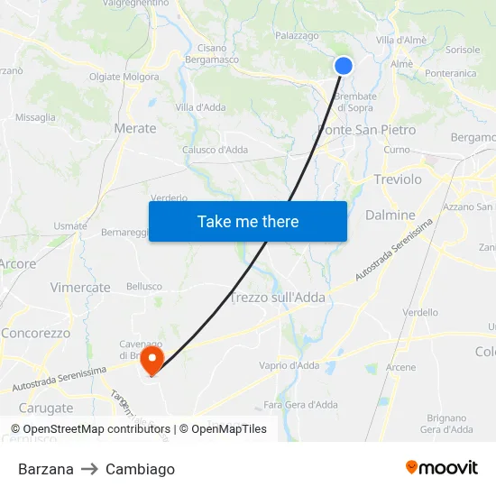 Barzana to Cambiago map
