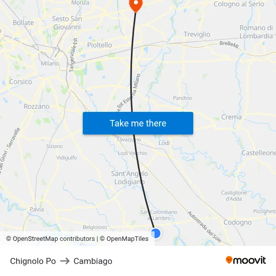 Chignolo Po to Cambiago map