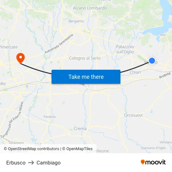 Erbusco to Cambiago map