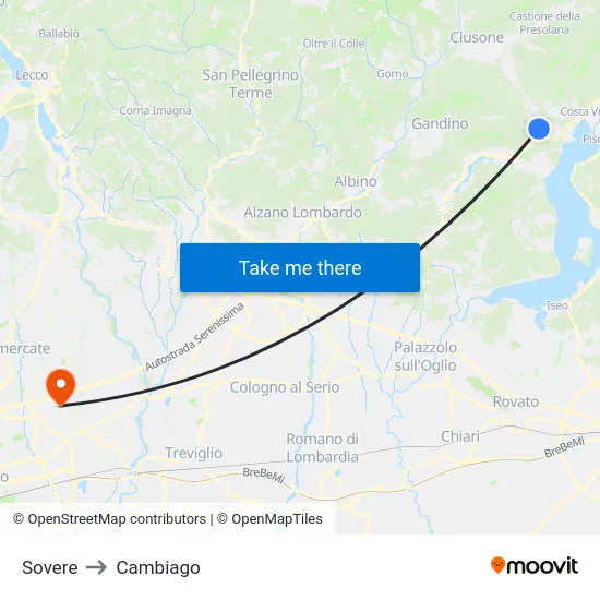 Sovere to Cambiago map