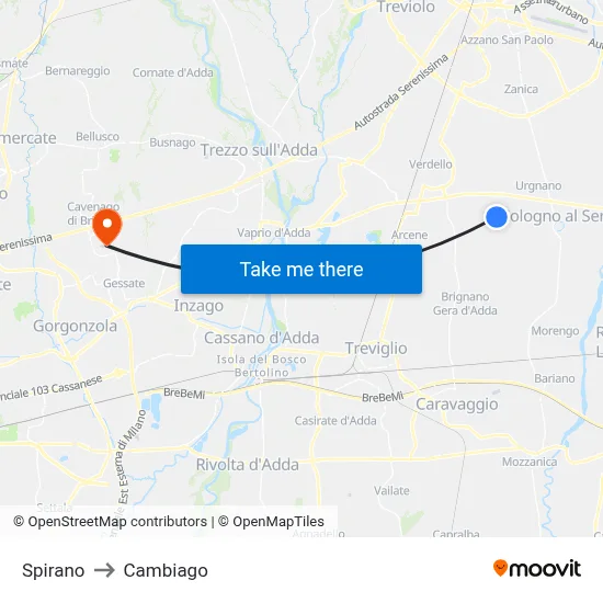 Spirano to Cambiago map