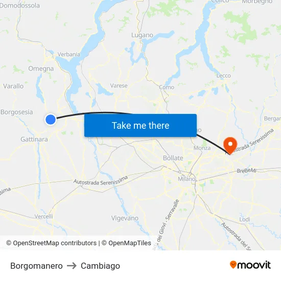 Borgomanero to Cambiago map