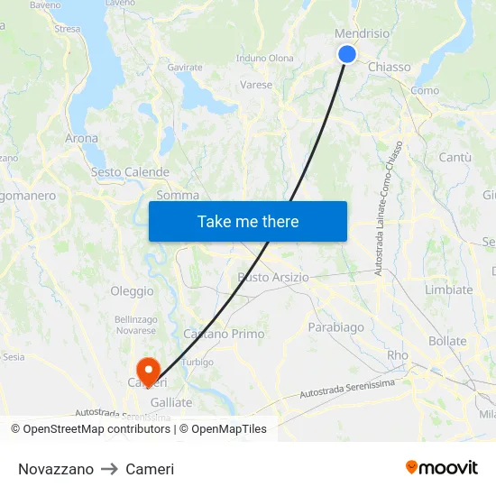 Novazzano to Cameri map