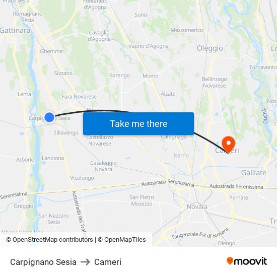 Carpignano Sesia to Cameri map