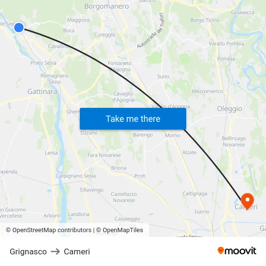 Grignasco to Cameri map