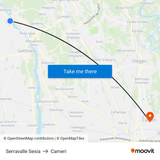 Serravalle Sesia to Cameri map