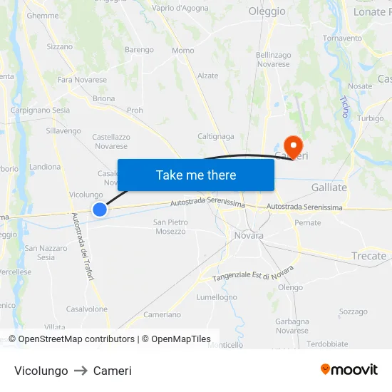 Vicolungo to Cameri map