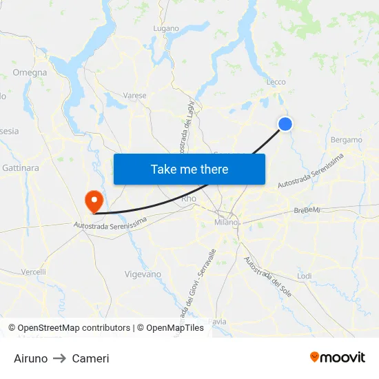Airuno to Cameri map