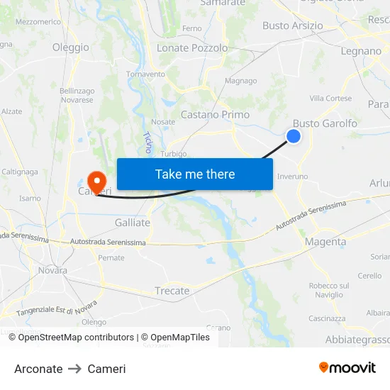 Arconate to Cameri map