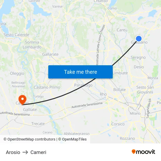 Arosio to Cameri map