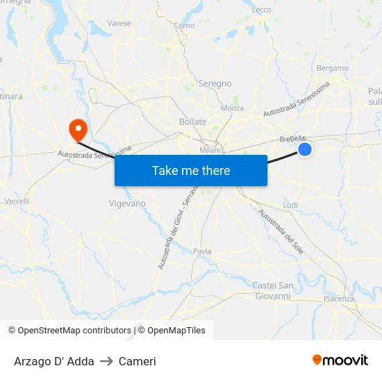 Arzago d'Adda to Cameri map