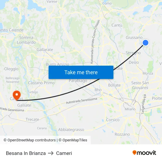 Besana In Brianza to Cameri map