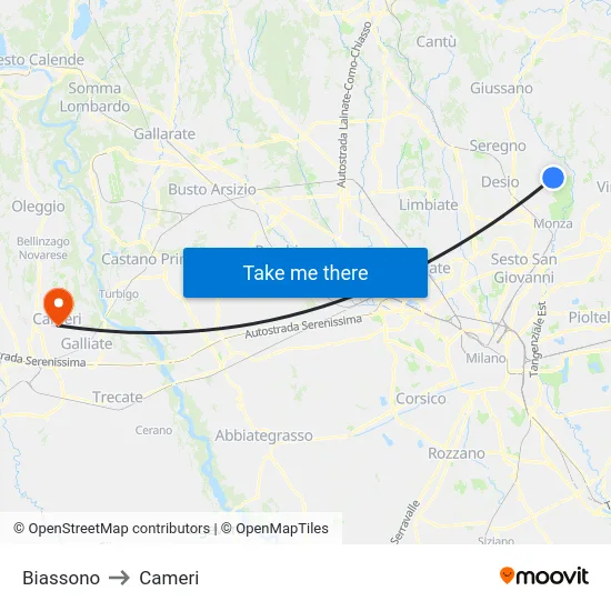 Biassono to Cameri map
