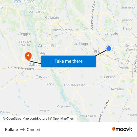 Bollate to Cameri map