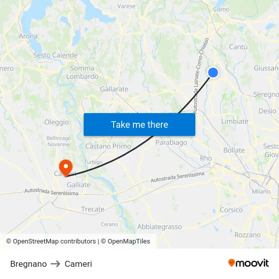 Bregnano to Cameri map