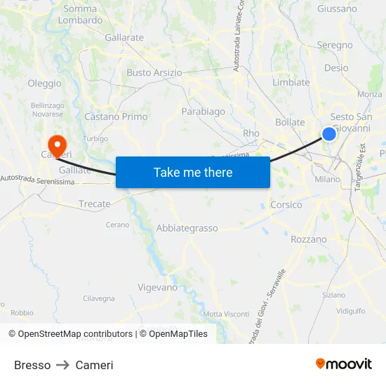 Bresso to Cameri map