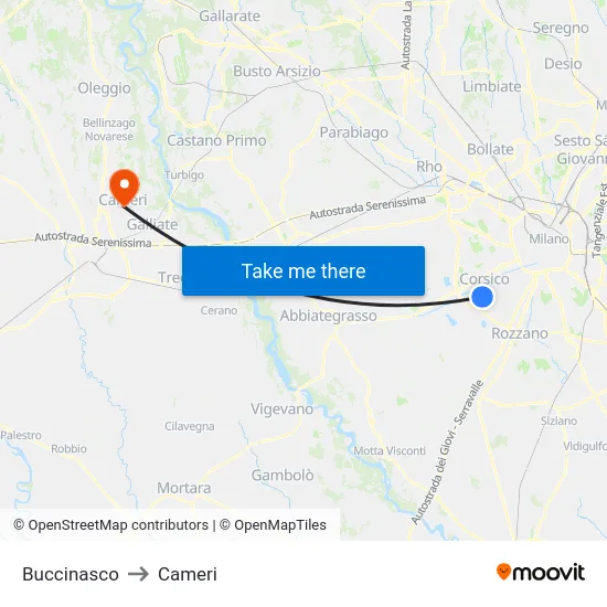 Buccinasco to Cameri map