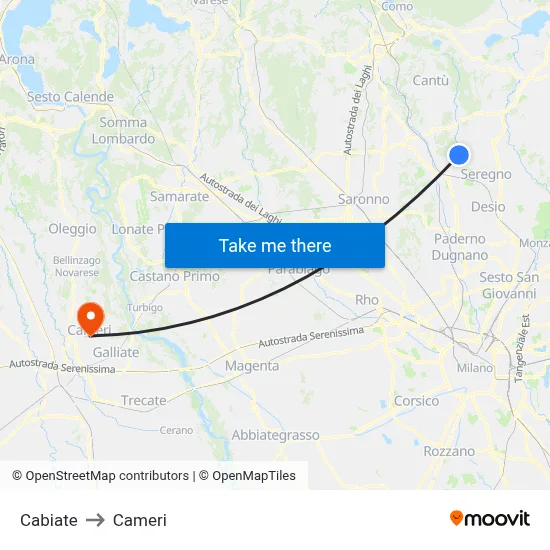 Cabiate to Cameri map