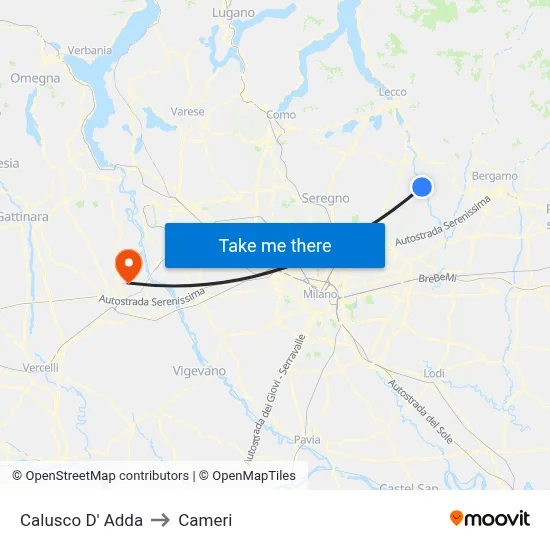 Calusco d'Adda to Cameri map