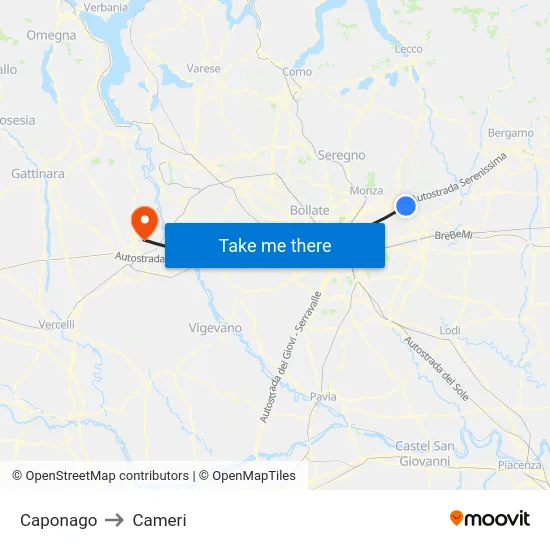 Caponago to Cameri map