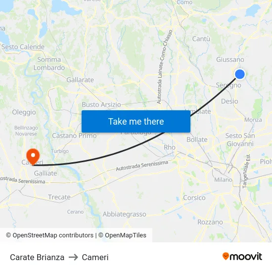 Carate Brianza to Cameri map