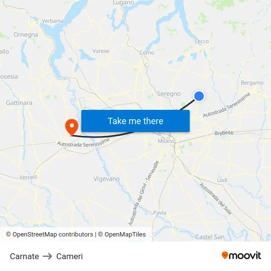 Carnate to Cameri map