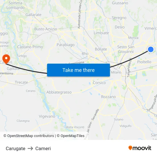 Carugate to Cameri map