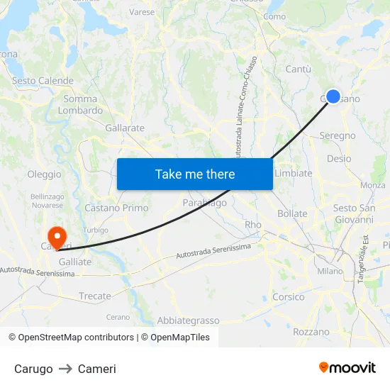 Carugo to Cameri map