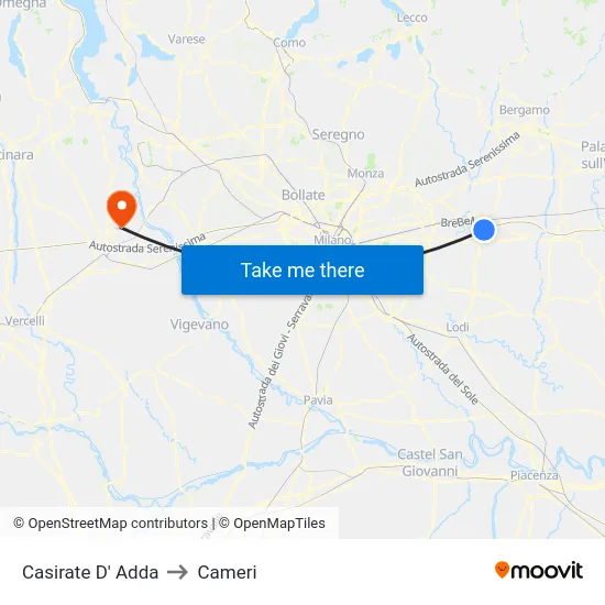 Casirate D' Adda to Cameri map