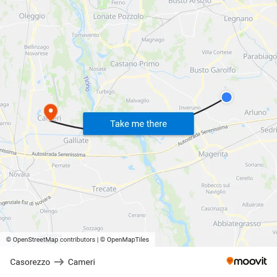 Casorezzo to Cameri map