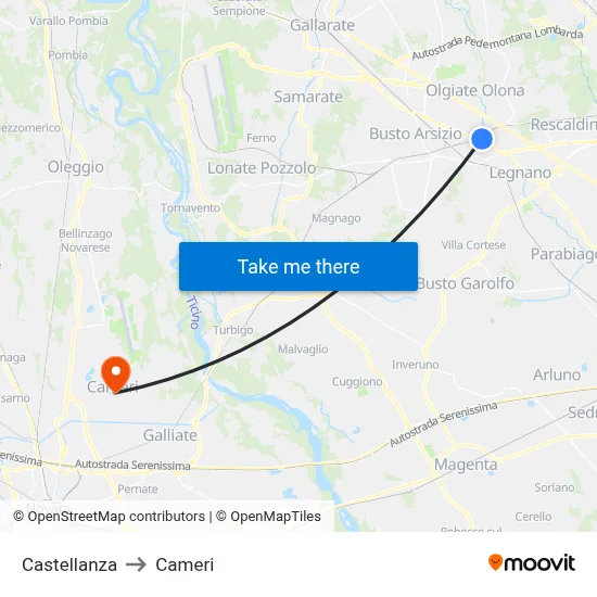 Castellanza to Cameri map