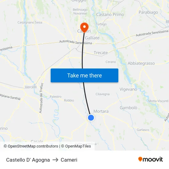 Castello D' Agogna to Cameri map