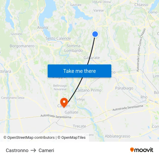 Castronno to Cameri map