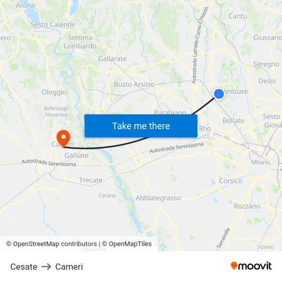 Cesate to Cameri map