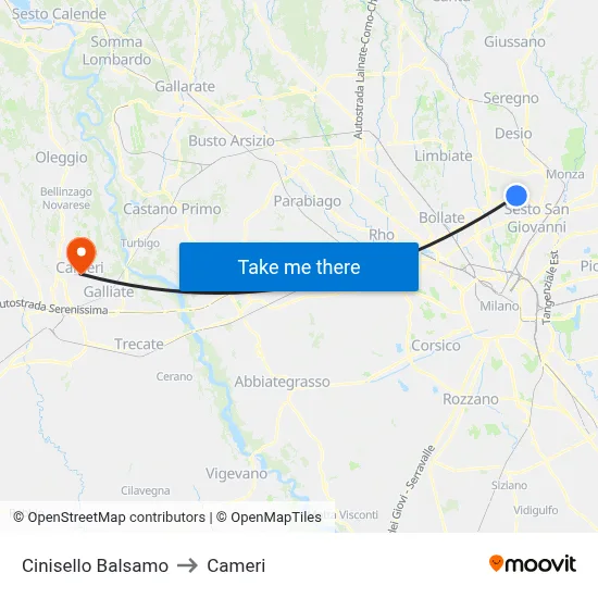 Cinisello Balsamo to Cameri map
