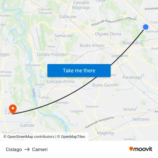 Cislago to Cameri map