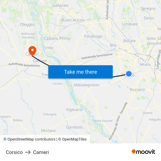 Corsico to Cameri map