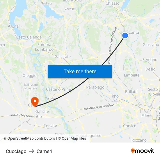 Cucciago to Cameri map